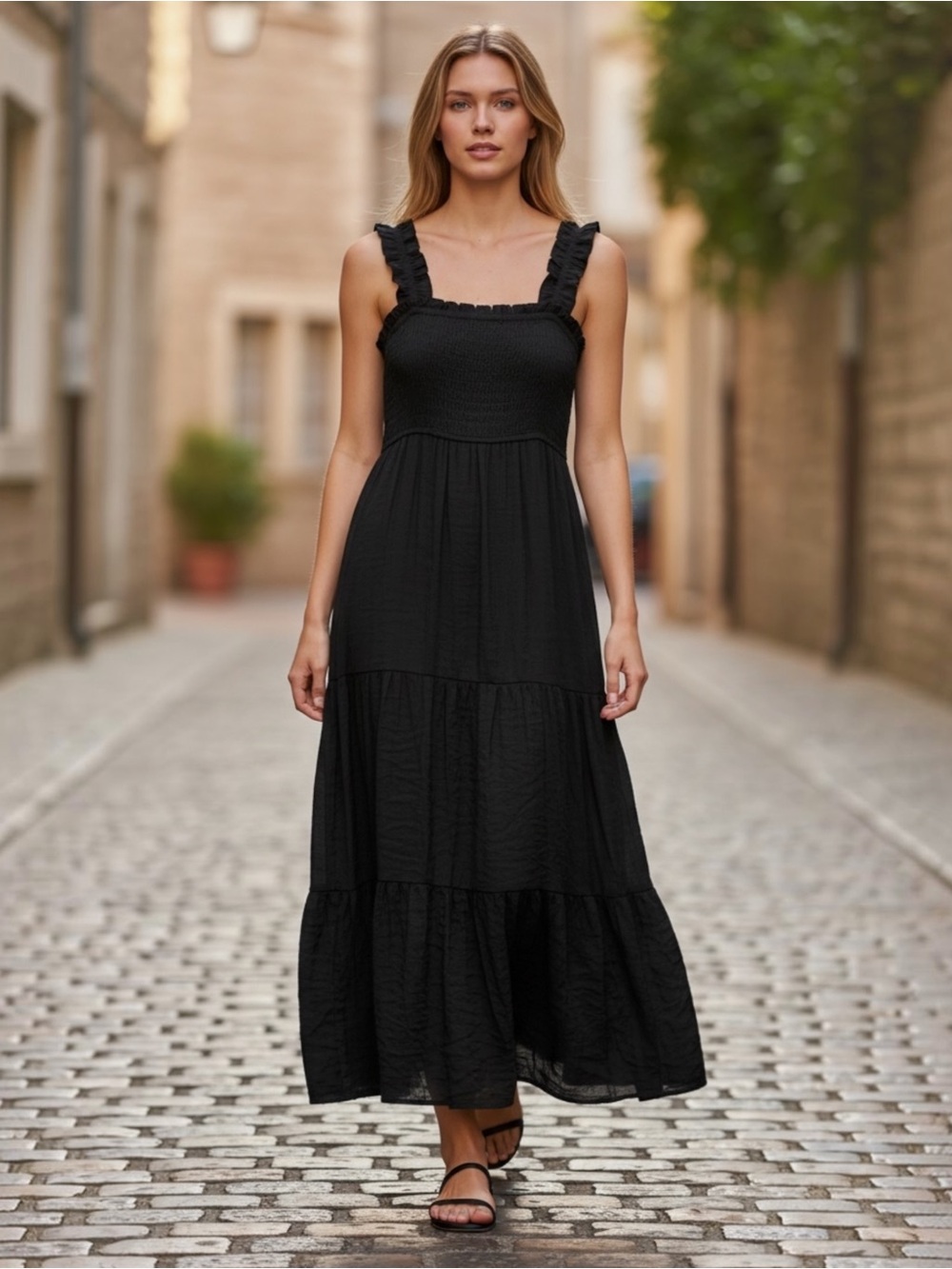 Liberty Love Black Tiered Maxi Dress Smocked Ruffle Strap, Size Large
